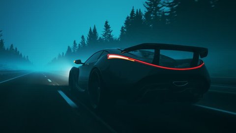 Concept sports car racing through a foggy road at high speed. Endless, seamless pine trees environment. Slick, luxurious super car with very bright headlights lighting the road ahead. Back view.