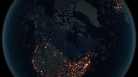 Zoom to Canada. The Night View of City Lights. Planet Earth. Political Borders of North American Countries: Canada and the USA with Alaska. The Biggest Cities: Toronto, Montreal, Vancouver, Calgary.