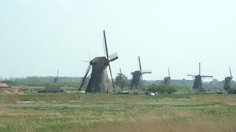 Afternoon view of the famous Kinderdijk winmill village at Netherlands