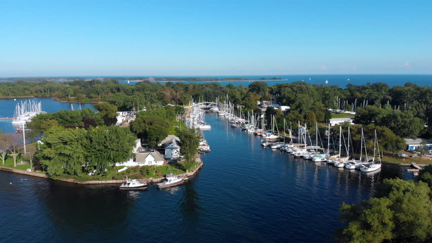 Aerial view of boats and yachts at Toronto Island marina and Royal Canadian Yacht Club on a sunny day in Toronto, Ontario, Canada. 