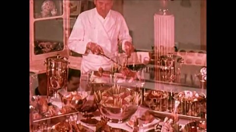 CIRCA -1964 - Photographs show displays of luxurious cooking equipment from Broomfield Industries.