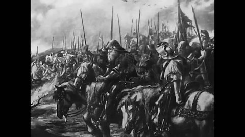 CIRCA 1960s - The Battle of Agincourt is shown in the Middle Ages as well as paratroops and a Blitzkrieg during World War 2 and a football game.