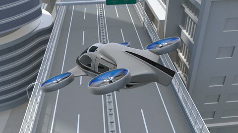 Metallic gray Passenger Drone Taxi landing on a rooftop helipad. 3D rendering animation.