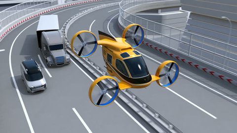 Yellow Passenger Drone Taxi flying through highway. Fleet of delivery drones flying along with truck driving on the highway. 3D rendering animation.