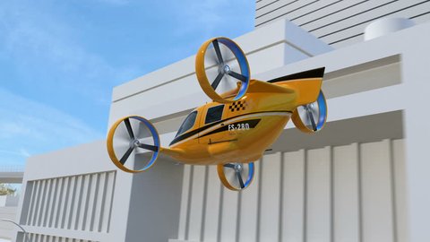 Yellow Passenger Drone Taxi flying through highway. Fleet of delivery drones flying along with truck driving on the highway. 3D rendering animation.