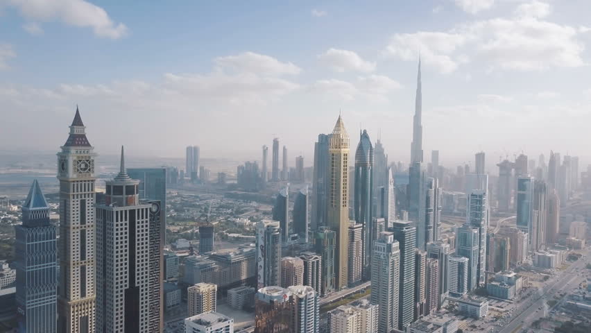 High skyscrapers in the center of Dubai. View from the drone