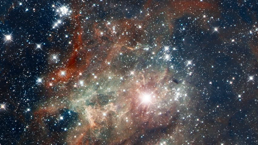 Travel to tarantula nebula also know 30 doradus star nursery in outer space with infinite  flying star field and flare light. Contains public domain image by NASA | Shutterstock HD Video #1016552959