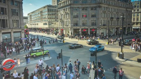 LONDON- SEPTEMBER, 2018: Elevated view of Oxford Circus, a major London landmark and world famous retail location