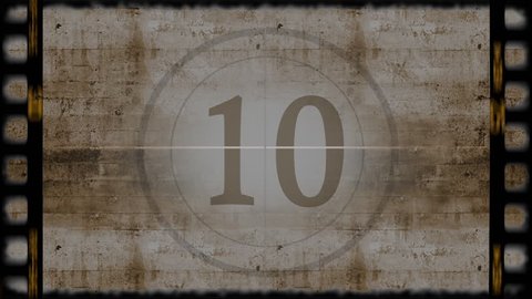 The Old Film Countdown stock motion graphic features an old style film leader countdown with stained sepia background. 