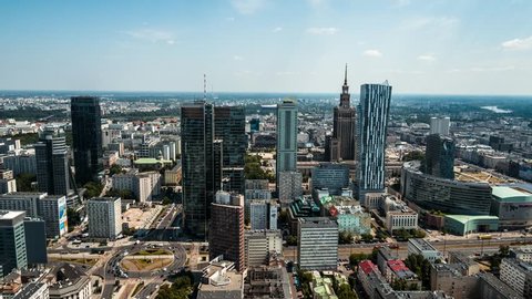 Aerial View of Warsaw, City Center, Palace of Culture and Science, Palac Kultury i Nauki, Warszawa, Poland, Polska