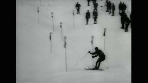 CIRCA 1964 - The Canadian bobsled team wins the gold at the Olympics; the medalists of the men's slaloms are shown on the slopes.