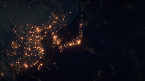 Zoom to Japan. The Night View of City Lights. Planet Earth and World Zoom Into Japanese Islands: Hokkaido, Honshu, Kyushu, Shikoku. Super Detailed Space View Earth Zoom. The High-Resolution Texture.