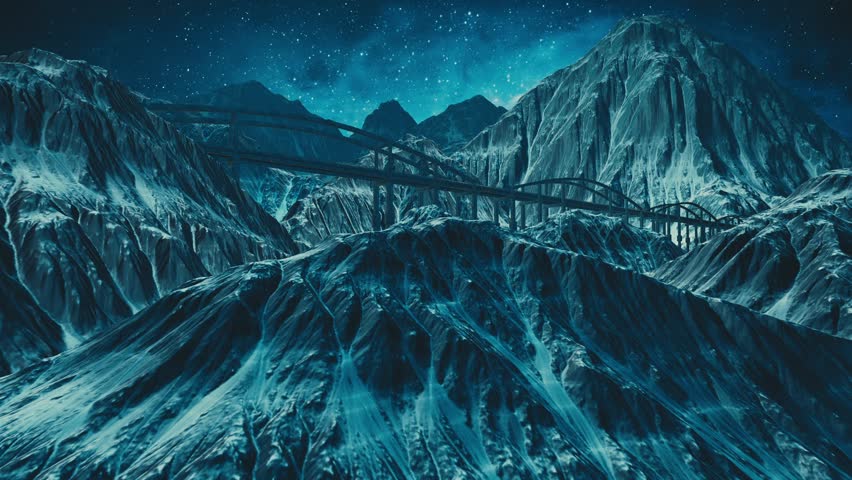 Beautiful animation sci fi train movement in the mountains on the bridge.