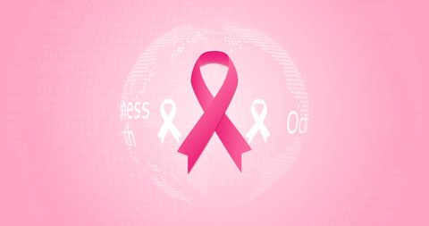 Breast Cancer Awareness Month - october banner. Pale rose gradient background with hot pink silk ribbon inside moving world. Cute modern female motion design. Video map animation. Moving illustration