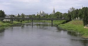 4K summer day video view of of small vintage town Torzhok center, its old vintage architecture and monuments on Tvertsa River in Tver Oblast, half way between Moscow and Saint Petersburg, in Russia