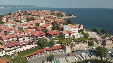 Aerial drone footage of Nessebar, ancient city on the Black Sea coast of Bulgaria