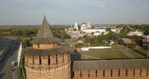 4K aerial video view of Kolomna old town center with Kremlin, churches and monastery cathedrals, ancient town located at confluence of Moskva and Oka rivers some 110 km south-east of Moscow, Russia