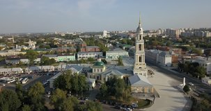 4K aerial video view of Kolomna old town center with Kremlin, churches and monastery cathedrals, ancient town located at confluence of Moskva and Oka rivers some 110 km south-east of Moscow, Russia