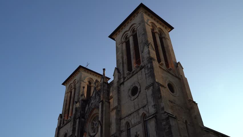 Low Angle Corner View of San Fernando Cathedral at Dusk
