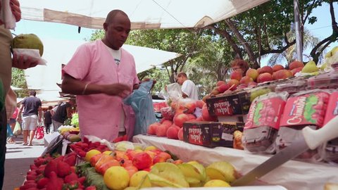 Riode Janeiro, Brazil. 19/09/2018. Traditional street market of city. All type and variety of fruits, vegetables, spices, meat, fishs, pork, chicken and others foods and drinks. Video Stok Editorial