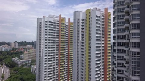 Aerial Shot Of A Cluster Of Very Tall Public Housing Apartment Towers In South Singapore