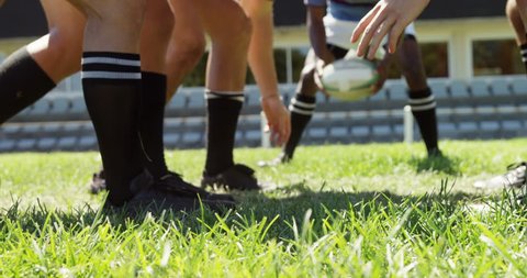 Side view of diverse rugby players in scrum position trying to defend ball in the field
