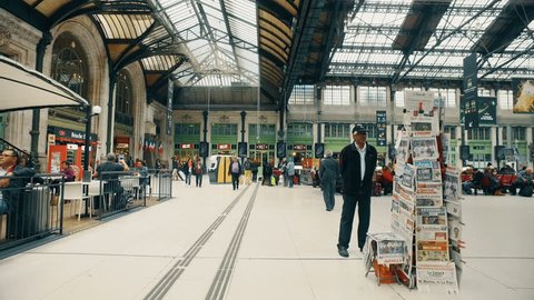 PARIS, FRANCE, circa MAY, 2017: Interior of Gare de Lyon - Paris. The station is served by high-speed TGV trains to south and eastern France, Switzerland, Germany, Italy and Spain. Travel concept