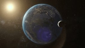 Camera orbit around the planet Earth seen from space. Loop video. Sun light. 4K highly detailed 3d render. Elements of this image furnished by NASA and Solar System Scope