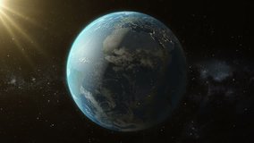 Planet Earth seen from space spinnig around. Earth rotation. Sun light. Loop video. 4K highly detailed 3d render. Elements of this image furnished by NASA and Solar System Scope