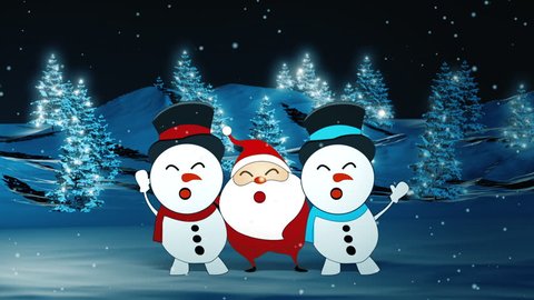 Dancing Santa Claus and snowman with Merry Christmas text at the end.