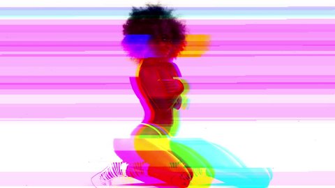 beautiful african female dancer with large afro wig, against pure white background. Perfect for stylish club, disco and fashion events with overlayed glitch effects