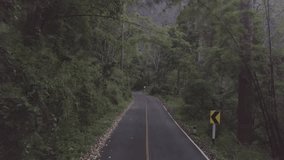 Aerial Drone footage Moving down winding road in the Jungles of Thailand