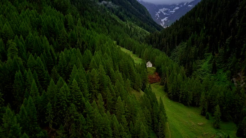 Droneflight next to a small chapel in idyllic forest hidden somewhere in swiss mountains.