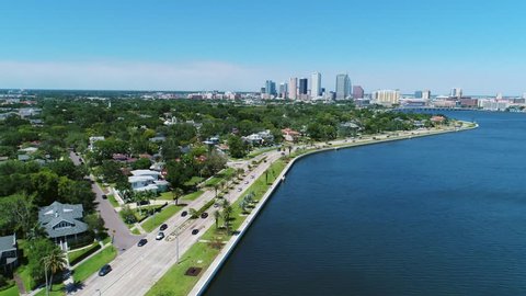 Drone shot descending from downtown tampa view to Bayshore