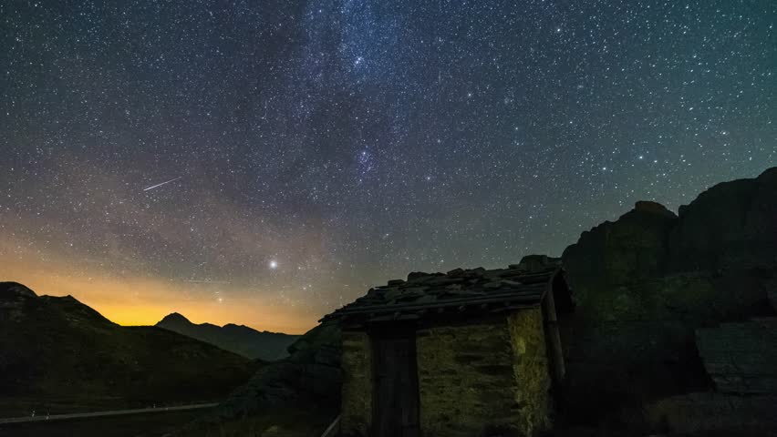 night sky time lapse in switzerland san bernardino pass isolated rural house under the night stars