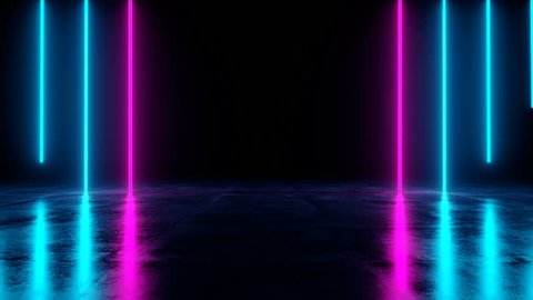 Futuristic Sci Fi Dark Empty Room With Blue And Purple Neon Glowing Line Tubes On Grunge Concrete Floor With Reflections 3D Rendering Video
