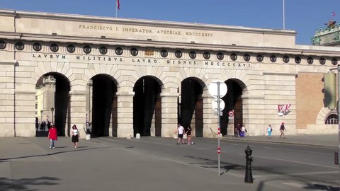 VIENNA, AUSTRIA - JUNE 6: 4K footage of the Auseres Burgtor (Palace Gate) on June 6, 2015 in Vienna, Austria. The gate was designed by Peter von Nobile, and erected between 1821 and 1824.