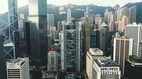 Central, Hong Kong - September 20, 2018 : Aerial view of Central - The heart of financial and business in Hong Kong. Footage with cinematic color graded.  