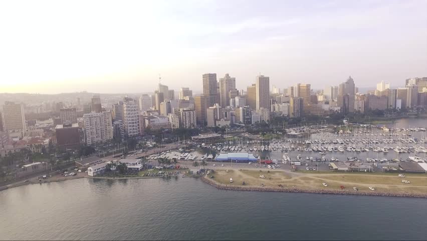 Arial shot of Durban harbour and city sky scrapers