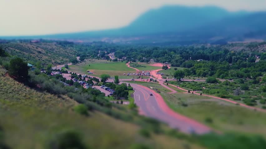 Tilt-Shift view of the entrance of Garden of The Gods in Colorado Springs