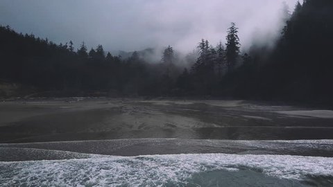 Moody atmospheric aerial shot above Oregon coast with beach and cliffs