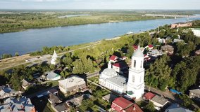 View from drones of historical part of the Murom with Oka River 