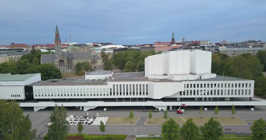 4K summer morning aerial video of Helsinki city center, House of Parliament, Finlandia Hall and National Museum building view from Hakasalmenpuisto in the capital of Finland Suomi, northern Europe