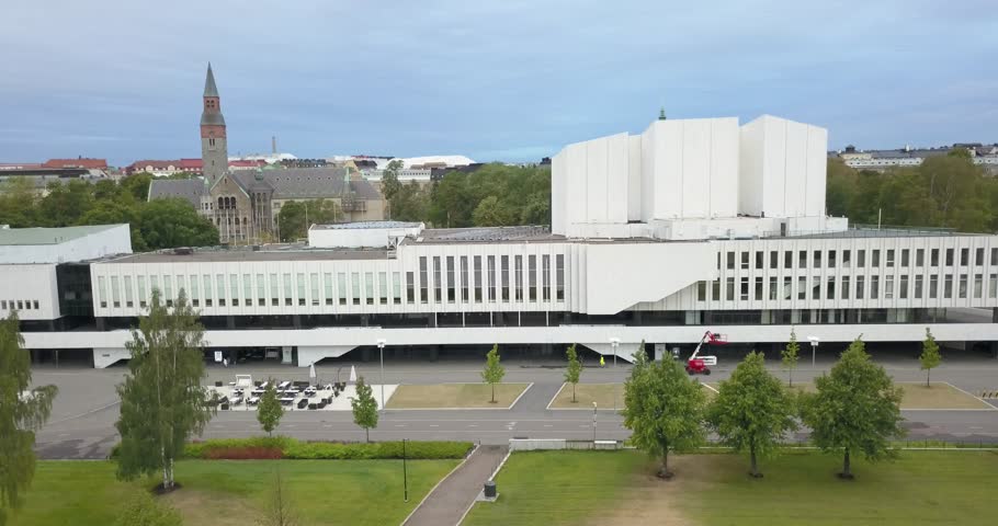 4K summer morning aerial video of Helsinki city center, House of Parliament, Finlandia Hall and National Museum building view from Hakasalmenpuisto in the capital of Finland Suomi, northern Europe