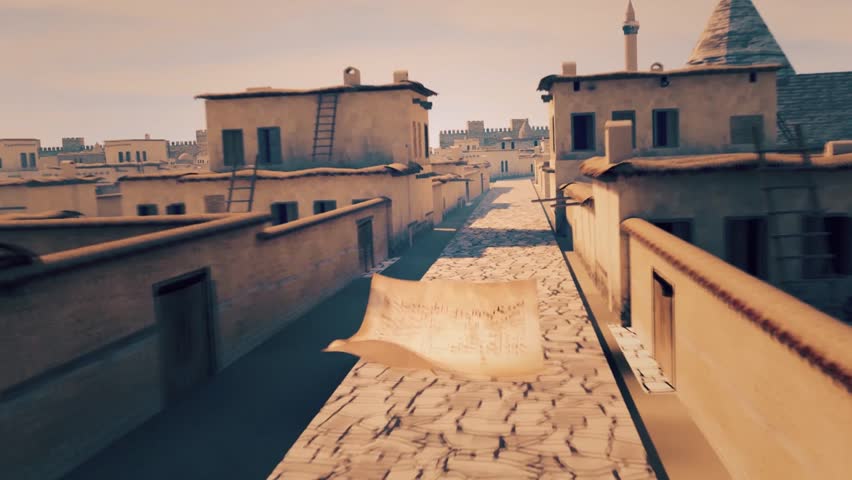 3d modeling: flying letter in an old middle east city. Translation of the text on the letter: all humanity can live happily and peacefully in this city. i invite all people to this city. Royalty-Free Stock Footage #1016691799