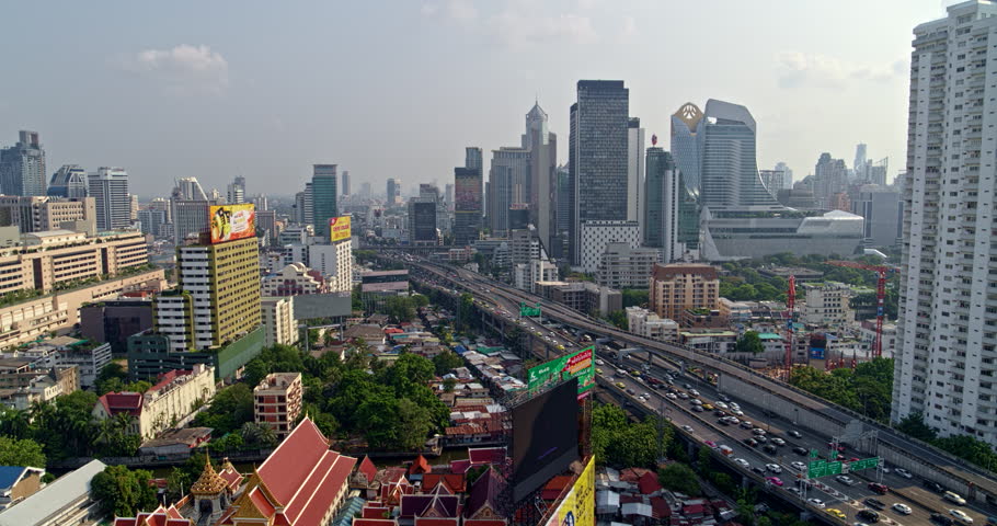 Thailand Bangkok Aerial v149 Flying low along path of expressway with neighborhood views 3/18