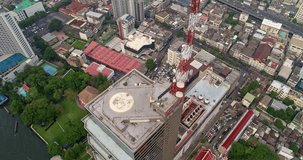 Thailand Bangkok Aerial v37 Detail of helipad to cityscape & river panning view 3/18