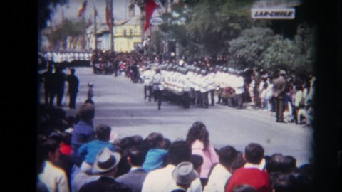 Copiapo, CHILE - September 18, 1970: Super 8 Footage of a Military Parade for the independence of Chile on the Copiapo's Streets , in September 1970