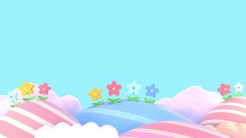 3d cartoon sweet flower mountains animation. (Looped)
