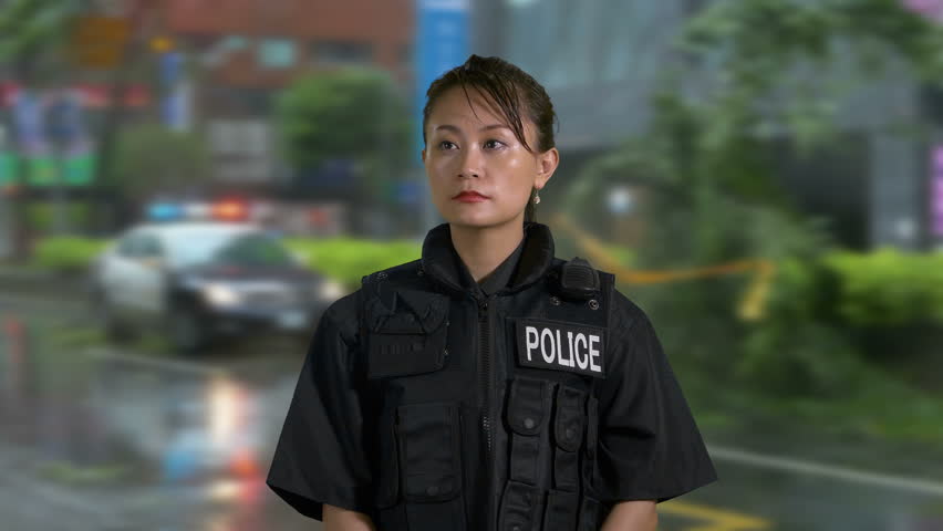 Asian American Woman Police Officer at Crime scene Talking on CB Radio